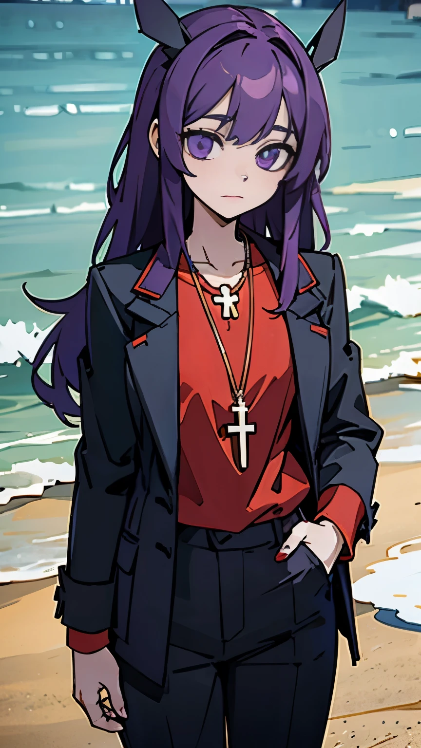 purple eyes，long purple hair，8k resolution，Sunset，beach，seaside，Cross necklace，black coat，black pants，black shoes
