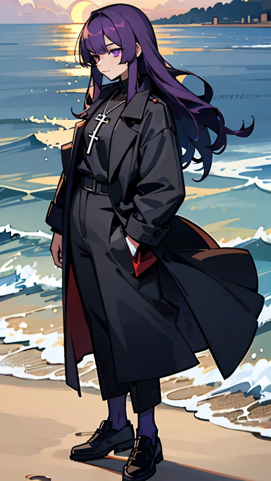 purple eyes,long purple hair,8k resolution,Sunset,beach,seaside,Cross necklace,black coat,black pants,black shoes