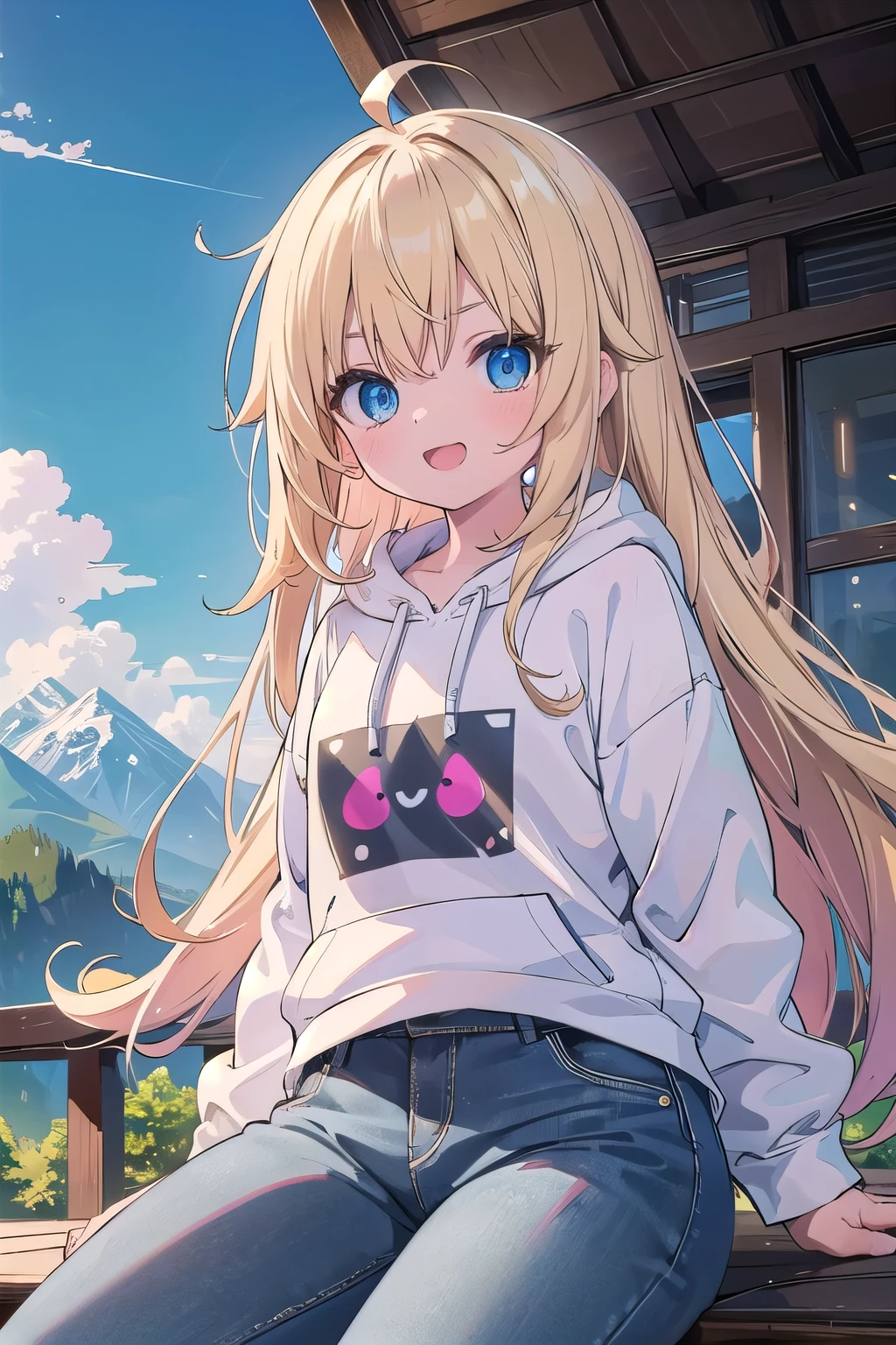 (masterpiece:1.2), (highest quality:1.2), Upper body, perfect eyes, perfect face, perfect lighting, mountainous horizon, 1 girl,blonde blue eyes Raking up hair, spike hair, noble long hair, Ahoge, cute eyes, Medium chest, , (((from below))), open mouth, vivid description,orgasm, I was scared, Ahegao, smile+Happy, tooth, anger, From the side, She is wearing pink shorts with jeans textured lace, wears hoodie in yellow modern style fashion, sitting,