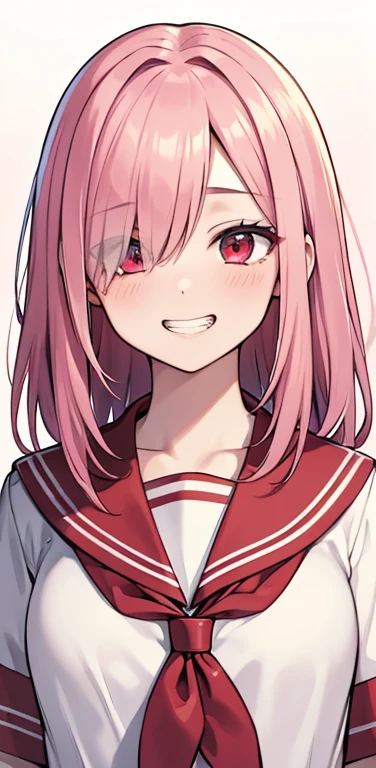 (8K、highest quality、masterpiece:1.2)、Super detailed、super resolution、Realistic、1girl、(light pink　red gradient hair：1.2)、((hair over one eye:1.5,RED eyes:1.2))、(face focus:1.3,upper body),(gradient hair:1.5),(sailor uniform:1.3)、(grin:1.3),cute face,small breasts,school girl,
