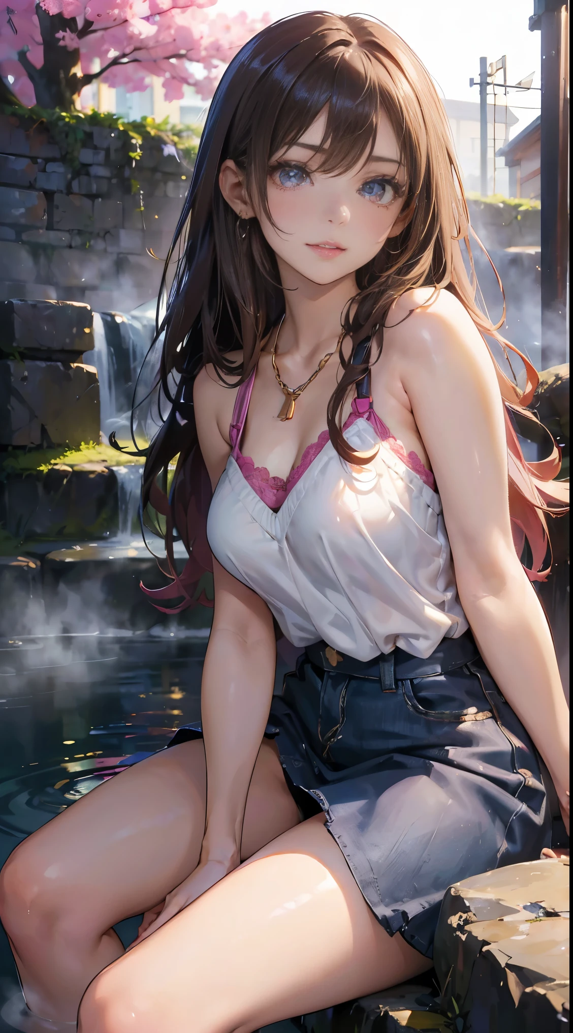 (masutepiece: 1.3), (max resolution: 1.2), (Ultra HDTV: 1.2), cinematric light, Ultra HDTV, (Detailed eyes and skin), (detailed facial features), nffsw, 8K resolution, Sharp Focus: 1.2, Perfect Style, Beautiful face, Perfect body, precise, Anatomically correct, Highly detailed face and skin texture, Detailed eyes, Dark-blue eyes, Double eyelids, Thin eyebrows, Glitter Eyeliner: 1.2, Natural cheeks, Glossy skin, Fair skin: 1.2, shiny little necklace and earrings, (Glossy lips: 1.4), BREAK, One-person viewpoint, (She is a very cute female teacher), (Pink lace panties), (Seductive smile: 1.2), ((a Innocent and cute girl:1.3)), (Long Wave Hair), (ligh brown hair:1.2), (Cowboy Shot: 1.2), BREAK, ((Very intimate relationships: 1.2)), medium large breasts, ((Looking at Viewer:1.2)), ((Hot spring trip:1.2)), ((Bend your knees and open your legs wide:1.2)), (From Side:1.2),low angle shot,Sleeveless sweater Tight jeans skirt