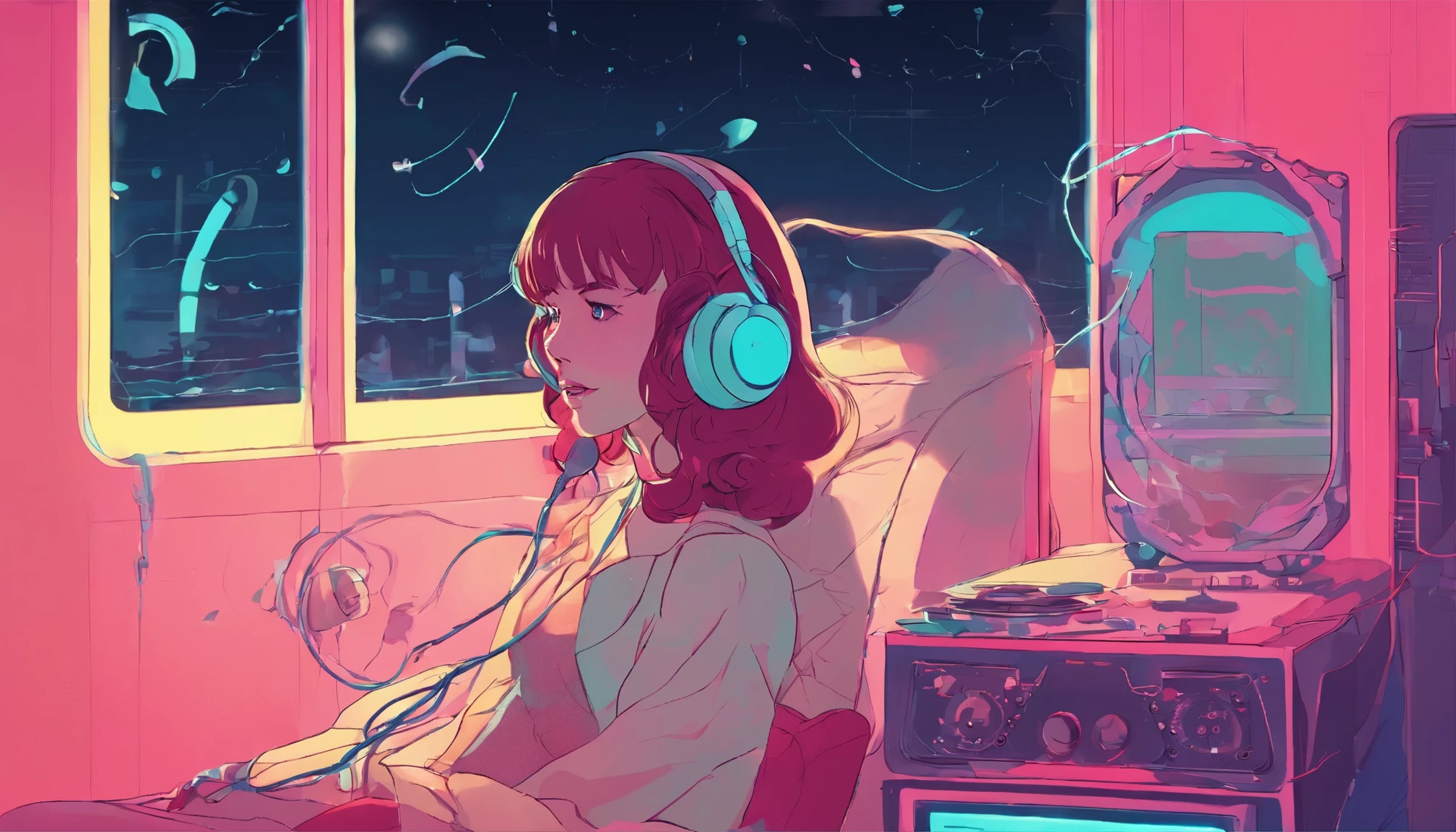 Girl listening to music in a cozy room at night, use headphones, 2D style anime, i will fix it, rain outside the window、analog color theme、Ghibli style、