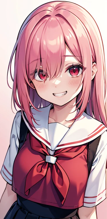 (8K、highest quality、masterpiece:1.2)、Super detailed、super resolution、Realistic、1girl、(light pink red gradient hair:1.5)、((hair over one eye:1.5,RED eyes:1.2))、(face focus:1.3,upper body),(gradient hair:1.5),(sailor uniform:1.3)、(grin:1.3),cute face,small breasts,school girl,