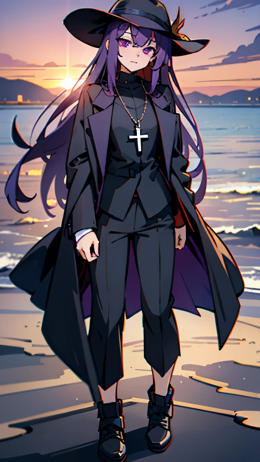 purple eyes,long purple hair,8k resolution,Sunset,beach,seaside,Cross necklace,black coat,black pants,black shoes