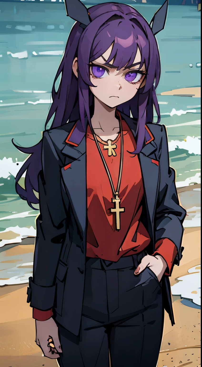 delicate face，purple eyes，serious expression