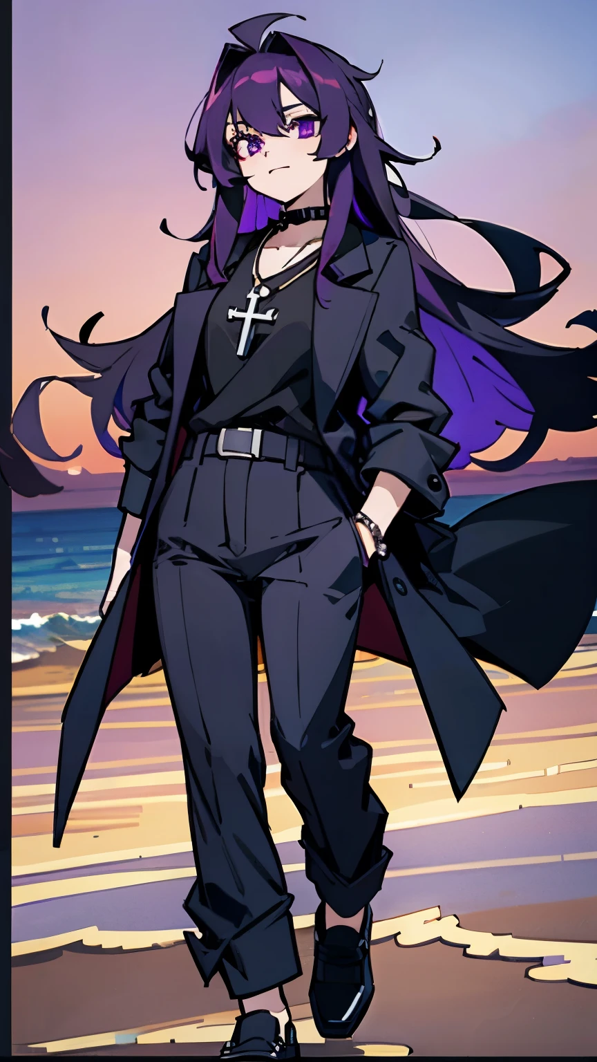 purple eyes,long purple hair,8k resolution,Sunset,beach,seaside,Cross necklace,black coat,black pants,black shoes