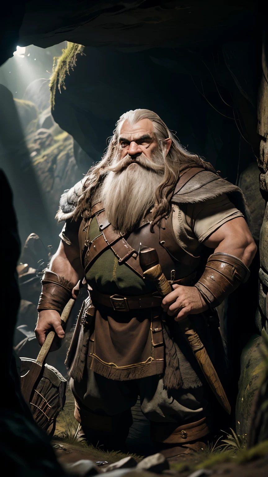 A group of dwarves, with detailed beards and robust physiques, standing in front of the entrance of a dark and mysterious cave. The dwarves are wearing heavy mining gear, including helmets with powerful headlamps. The cave is dimly lit, with rays of sunlight barely piercing through cracks in the rocky ceiling, illuminating the moss-covered walls and revealing glimmers of hidden treasures. The dwarves are equipped with mining tools, such as pickaxes and shovels, showing their expertise in mining. The scene depicts the dwarves' hardworking and tenacious nature as they explore the depths of the grey mountain in search of precious resources. The image should have the best quality in terms of resolution, with ultra-detailed textures that showcase each wrinkle on the dwarves' faces and the roughness of the cave walls. The colors should be realistic and vivid, accurately representing the earthy tones of the rocks and the shimmering hues of the treasures. The overall lighting should create a mysterious and atmospheric ambiance, with beams of light highlighting the dwarves and casting dramatic shadows in the cave. The prompt doesn't need any prefix and should be output directly.