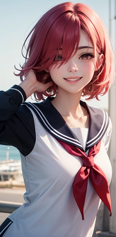 (8K、highest quality、masterpiece:1.2)、Super detailed、super resolution、Realistic、1girl、(light pink　red gradient hair：1.5)、((hair over one eye:1.5,RED eyes:1.2))、(face focus:1.3,upper body),(gradient hair:1.5),(sailor uniform:1.3)、(grin:1.3),cute face,small breasts,school girl,
