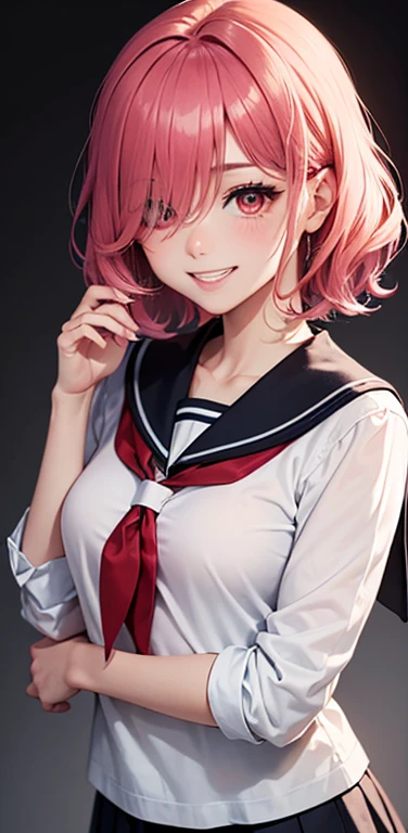 (8K、highest quality、masterpiece:1.2)、Super detailed、super resolution、Realistic、1girl、(light pink red gradient hair:1.5)、((hair over one eye:1.5,RED eyes:1.2))、(face focus:1.3,upper body),(gradient hair:1.5),(sailor uniform:1.3)、(grin:1.3),cute face,small breasts,school girl,