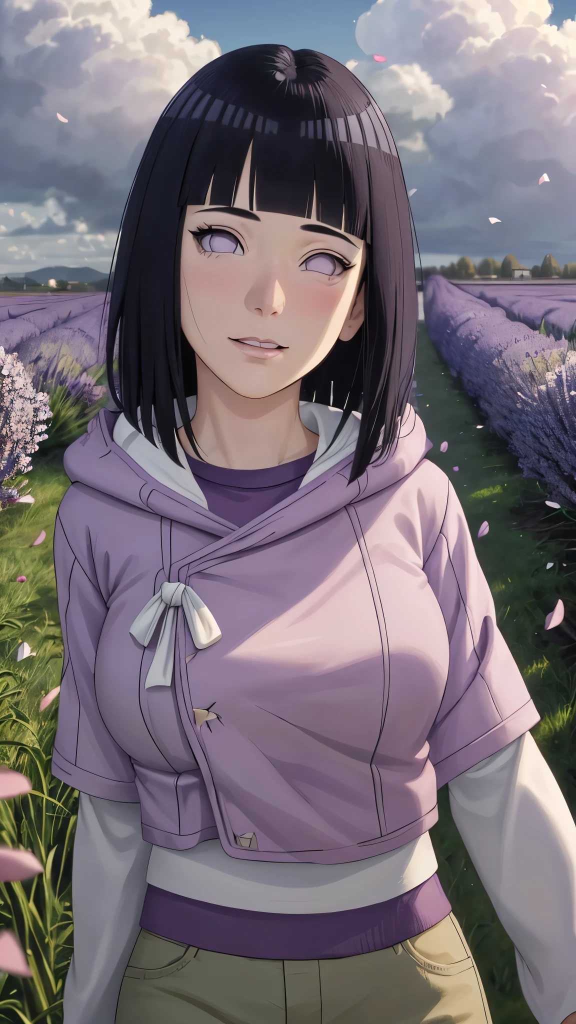 masterpiece, absurdres, hinata\(boruto\), 1girl, solo,mature female, purple hoodie,layered sleeves, brown pants,  outdoors,lavender flower field, looking at viewer, (falling petals), cloudy sky, perfect composition, detailed lips, big breast, beautiful face, body propotion, blush, (pink lips), long hair,  purple eyes,  soft gaze, sad smile,  super realistic, detailed, photoshoot, realistic face and body,  realistic hair, realistic eyes, realistic nose, realistic lips