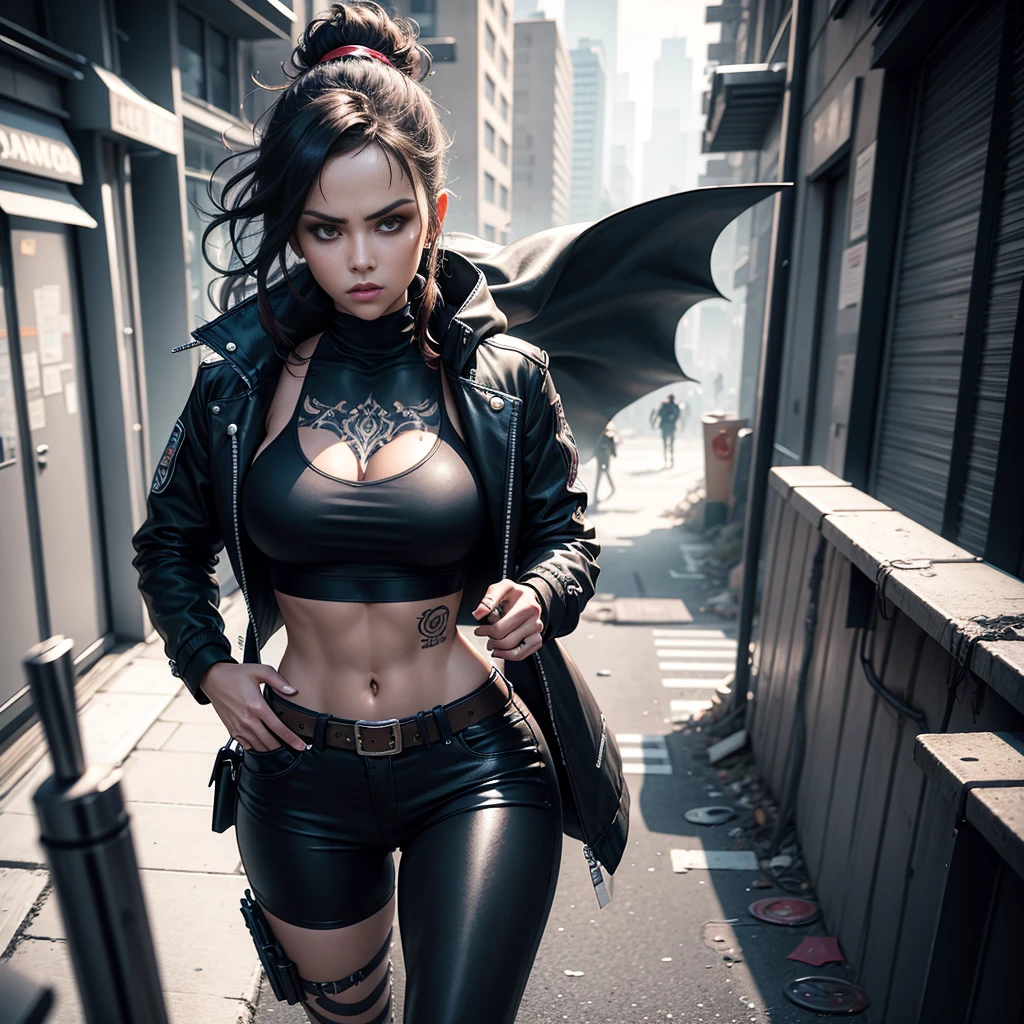 In the gritty underworld of GTA Style, a heroine dons an accessorized outfit, ready to take on dangerous weapons and face the challenges of the city street. Her wind coat flaps in the wind as she runs, the shadows and highlights of the avant-garde cityscape creating a high contrast backdrop. Tension and suspense loom large as she navigates the crime-ridden streets, her retro artstyle evoking a sense of nostalgia amidst the chaos. Every detail, from the sharp eyeliner and eye shadows to the intricate tattoos, is rendered in ultra-detailed, best quality 8k wallpapers, a testament to the tmasterpiece that is