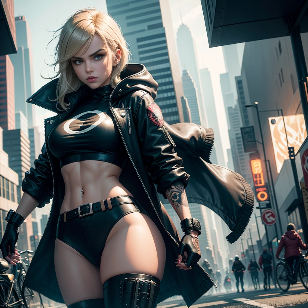 In the gritty underworld of GTA Style, a heroine dons an accessorized outfit, ready to take on dangerous weapons and face the challenges of the city street. Her wind coat flaps in the wind as she runs, the shadows and highlights of the avant-garde cityscape creating a high contrast backdrop. Tension and suspense loom large as she navigates the crime-ridden streets, her retro artstyle evoking a sense of nostalgia amidst the chaos. Every detail, from the sharp eyeliner and eye shadows to the intricate tattoos, is rendered in ultra-detailed, best quality 8k wallpapers, a testament to the tmasterpiece that is