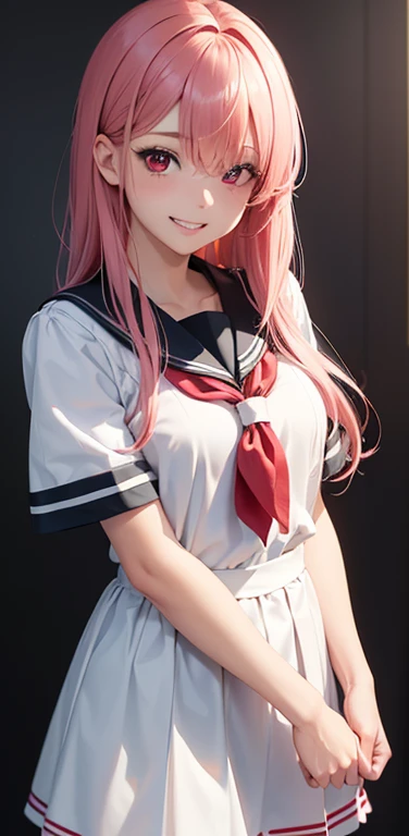 (8K、highest quality、masterpiece:1.2)、Super detailed、super resolution、Realistic、1girl、(light pink　red gradient hair：1.5)、((hair over one eye:1.5,RED eyes:1.2))、(face focus:1.3,upper body),(gradient hair:1.5),(sailor uniform:1.3)、(grin:1.3),cute face,small breasts,school girl,
