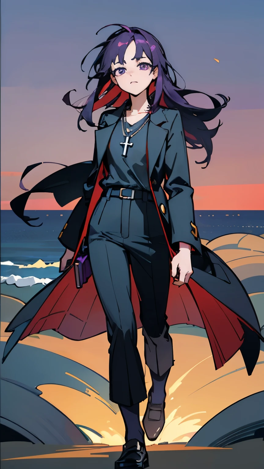 purple eyes,long purple hair,8k resolution,Sunset,beach,seaside,Cross necklace,black coat,black pants,black shoes