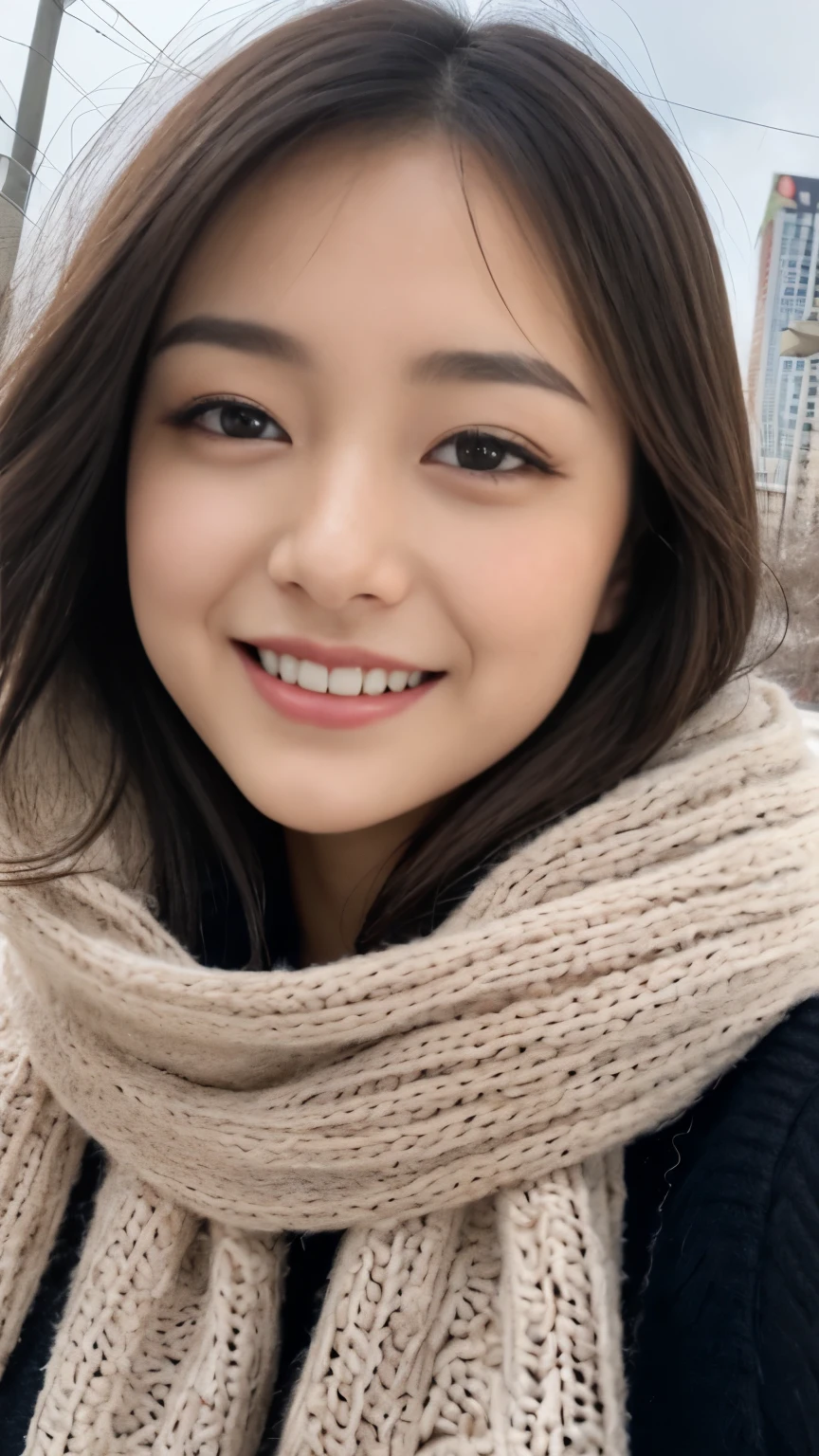 ((show only the face、close up of face、No makeup))、(realistic、Photoreal、super detailed、best detailed skin、highest quality、masterpiece、超A high resolution)、cute japanese woman、17 years old、high school girl、young girl、1 girl、have bangs、double eyelid、drooling eyes、big black eyes、Japanese style face、smile、attractive、purity、clear face、double teeth、watch here、realistic肌タイプ、thick muffler、Gray muffler、fluffy hair、((There's hair in the scarf:1.3))、red cheeks、The wind is blowing、It's snowing、illumination、lighting from behind