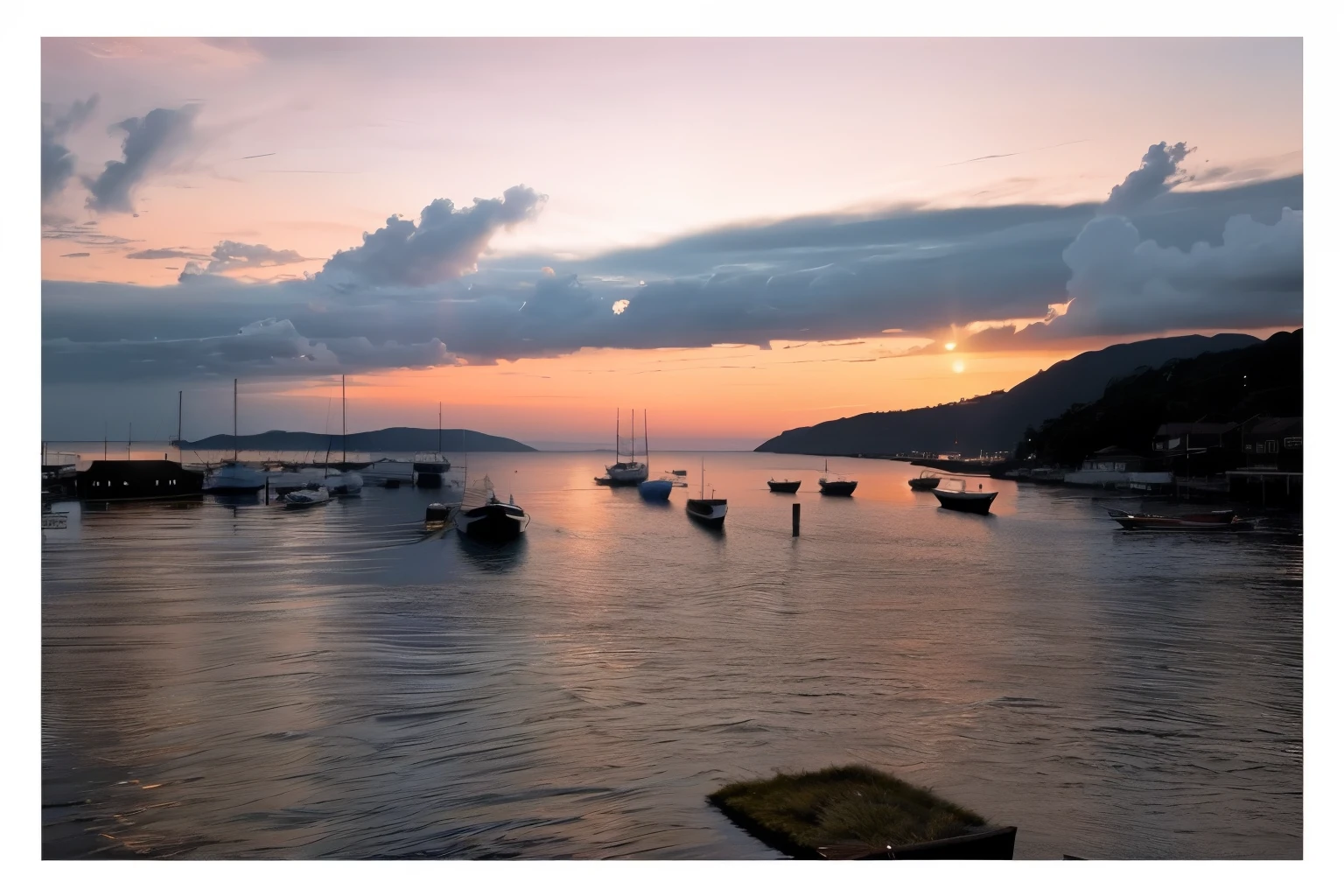 boats are floating in the water at sunset on a cloudy day, early evening, in the evening, sun setting, vibrant scene, late evening, warm glow, at sunrise, dusk setting, night setting, calm evening, evening time, early morning, at dusk!, evening at dusk, inspiring, picturesque, by Fernando Gerassi, dawn setting, late afternoon, stunning scene