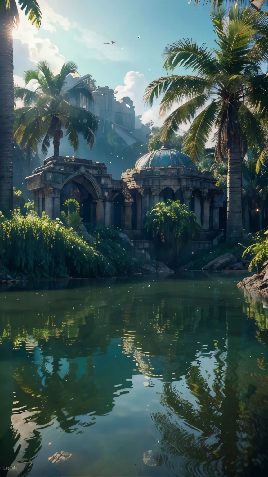 (8k, RAW photo, best quality, masterpiece:1.2), (realistic, photo-realistic:1.37), octane render, ultra high res, ultra-detailed, professional lighting, photon mapping, radiosity, physically-based rendering, ue5, ((island sanctuary)), ((ancient fallen kingdom)), ((reflections in water)), ((raytracing)), ((drowned city))