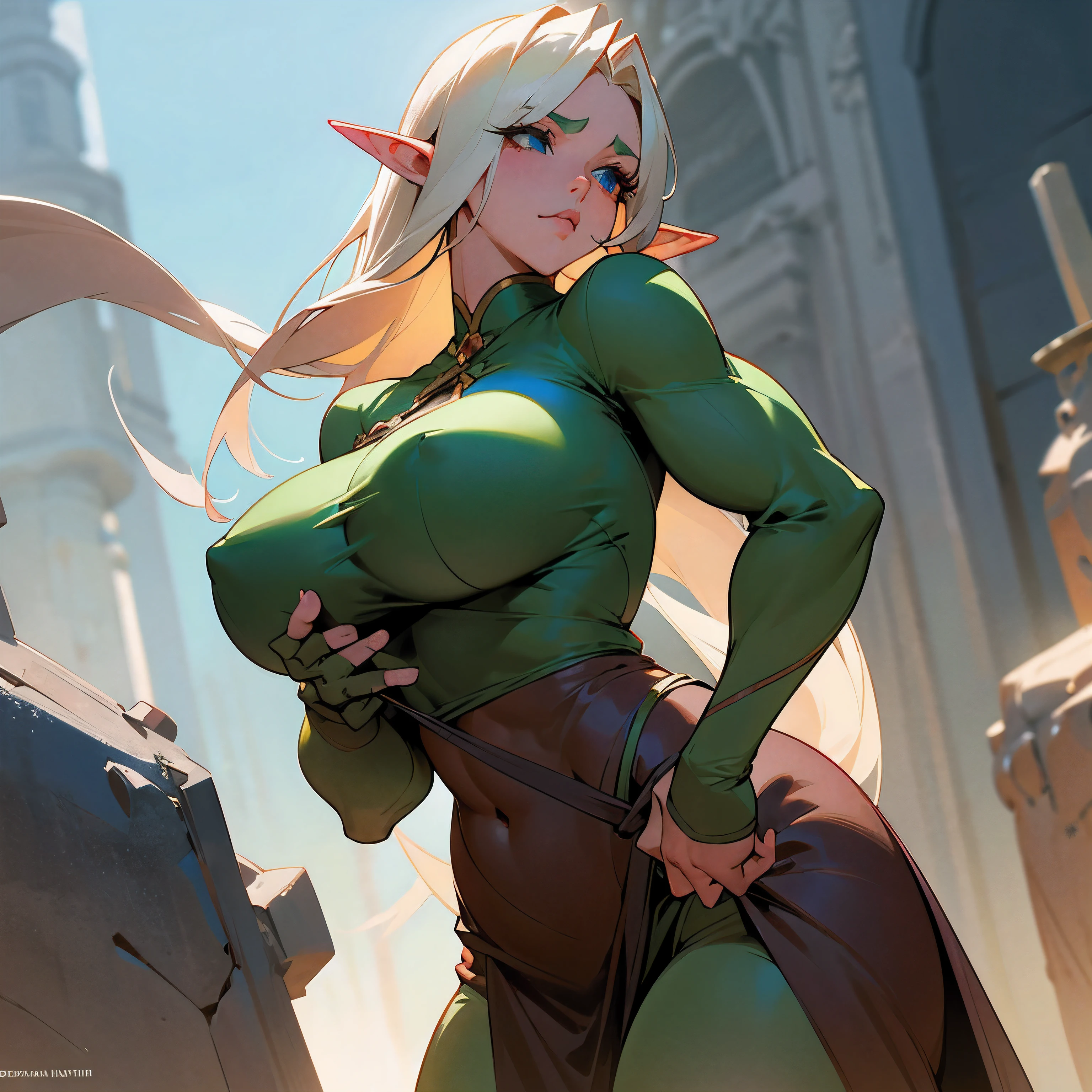An elf with ridiculously large breasts, extremely humongously comically large breasts under very tight and revealing clothing that barely hides anything, muscular. Has very very very large breasts, so gigantic they burst through the clothes. They are sublimely gigantic absolutely enourmous breasts that rip through everything