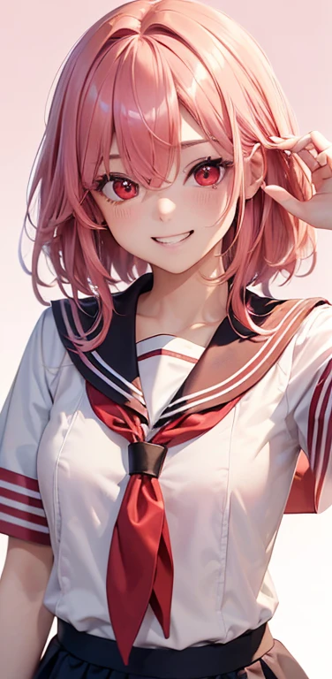 (8K、highest quality、masterpiece:1.2)、Super detailed、super resolution、Realistic、1girl、(light pink　red gradient hair：1.5)、((hair over one eye:1.5,RED eyes:1.2))、(face focus:1.3,upper body),(gradient hair:1.5),(sailor uniform:1.3)、(grin:1.3),cute face,small breasts,school girl,
