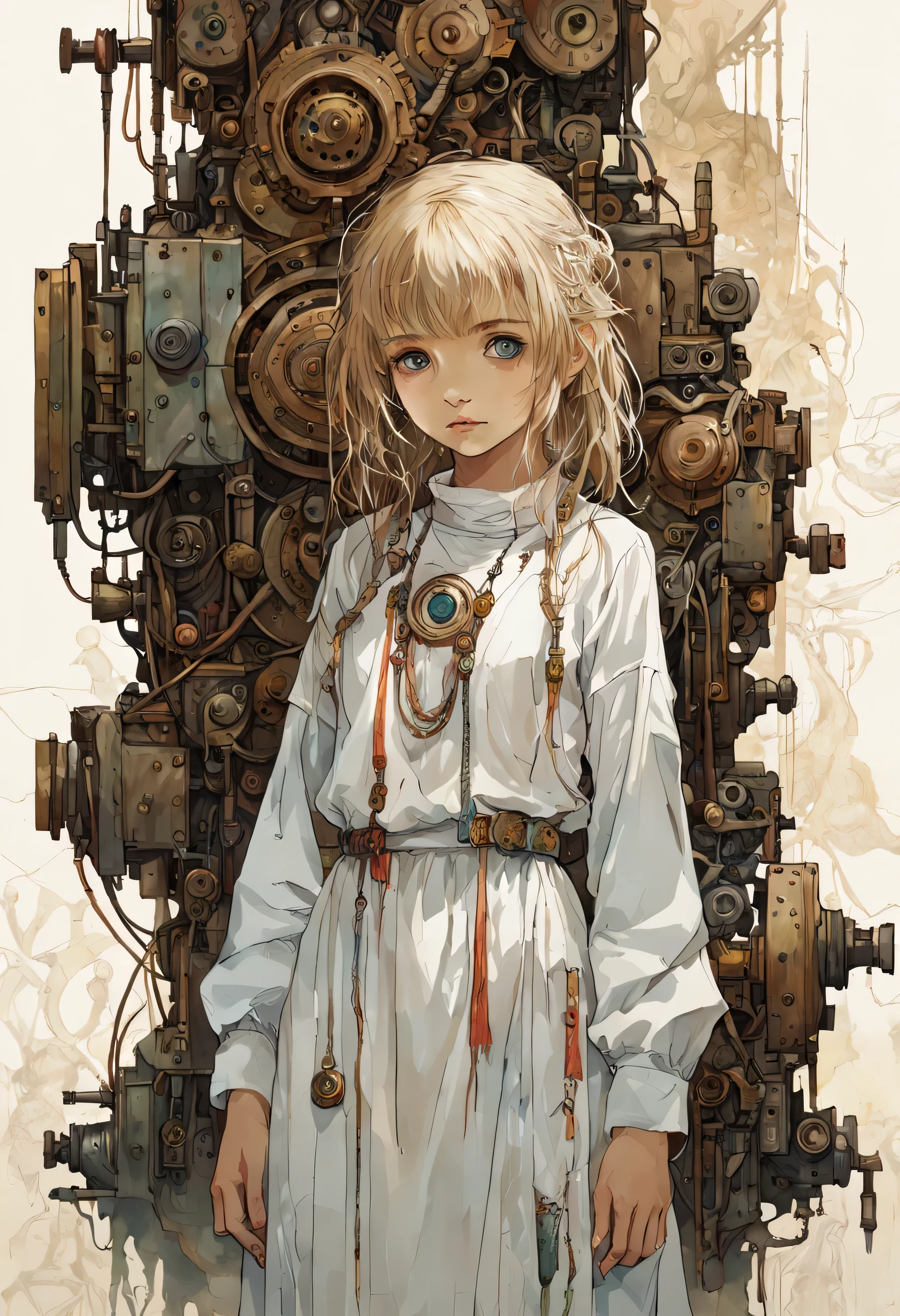 woman, Fine white clothes, curiosity. cute, shy, expressive eyes, full body shot, black eyes, ancient mechanical devices in the background, emily barivet, Tim Brandin, james c. Christensen, carne griffith, (1 girl, portrait:0.5)