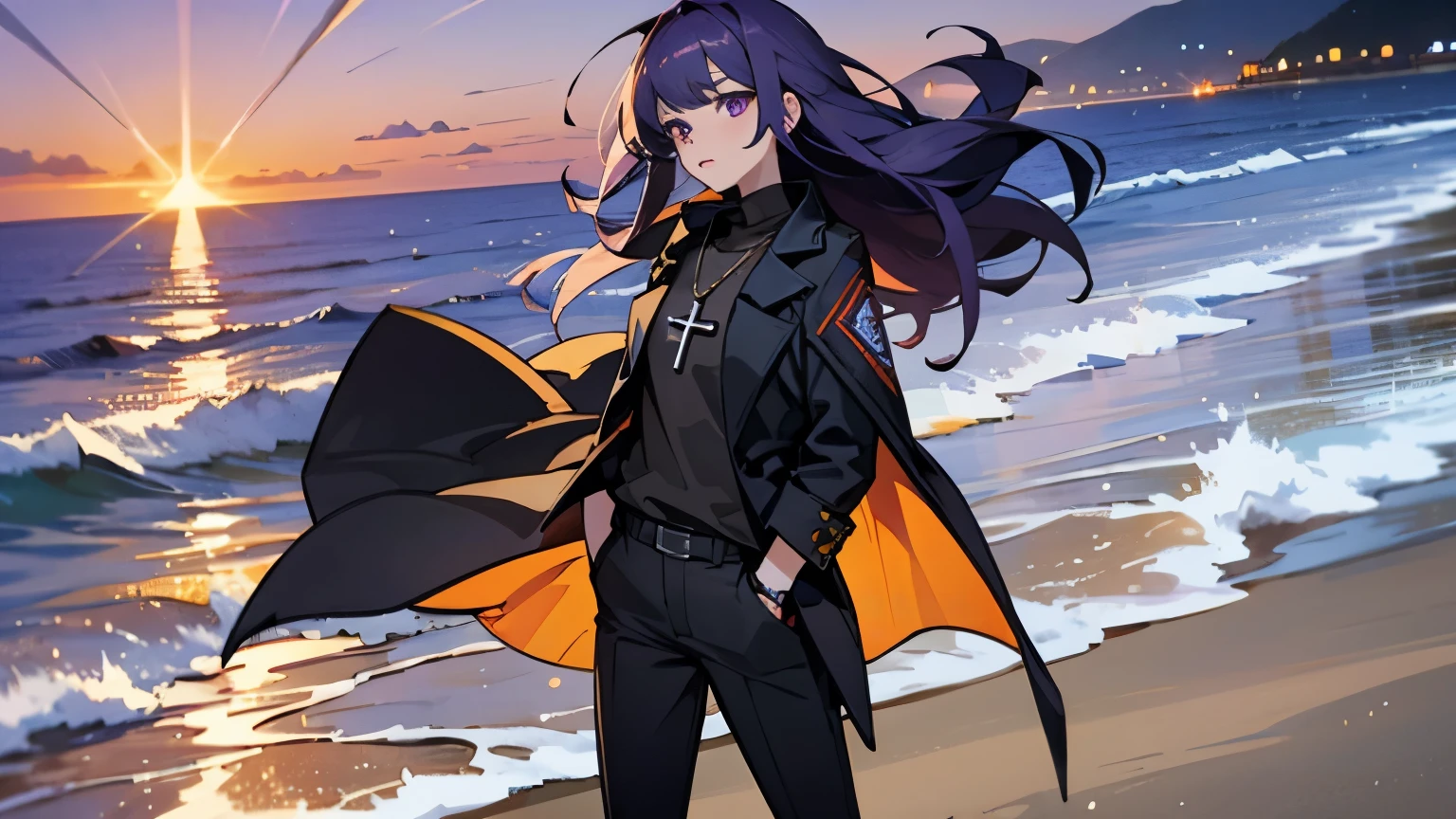 purple eyes,long purple hair,8k resolution,Sunset,beach,seaside,Cross necklace,black coat,black pants,black shoes