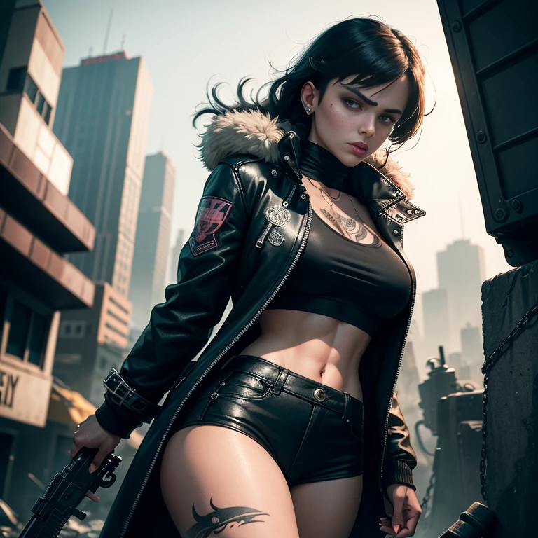 (Wide angle view). Blade Runner style futuristic city, simple outlined neon buildings, glowing giant clock tower, flying cars, lightning, 3d rendering Beeple. At night, (1girl, solo, alone), photorealistic, medium-breast slim:0.6 body, oval:0.5 face, cleavage:1.1, sexy black laced bra, deep-V, (low angle view of miniskirt), white laced panty, coat, (Matrix style black micro sunglasses), ((aiming viewer with a short gun)), (slightly leaning forward running pose), (half-body thigh level close-up shot), cinematic lighting, ray tracing.