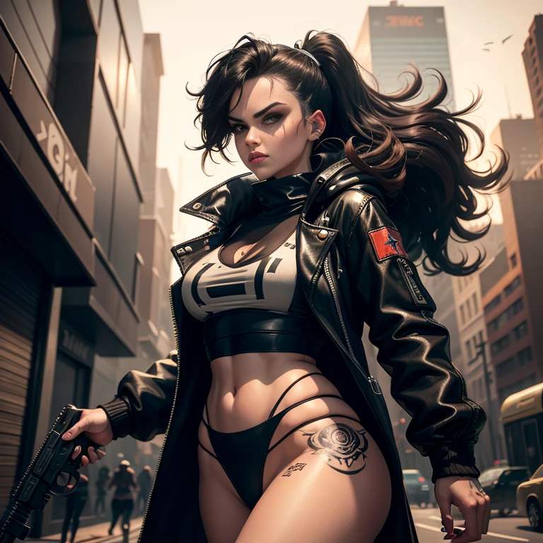 In the gritty underworld of GTA Style, a heroine dons an accessorized outfit, ready to take on dangerous weapons and face the challenges of the city street. Her wind coat flaps in the wind as she runs, the shadows and highlights of the avant-garde cityscape creating a high contrast backdrop. Tension and suspense loom large as she navigates the crime-ridden streets, her retro artstyle evoking a sense of nostalgia amidst the chaos. Every detail, from the sharp eyeliner and eye shadows to the intricate tattoos, is rendered in ultra-detailed, best quality 8k wallpapers, a testament to the tmasterpiece that is