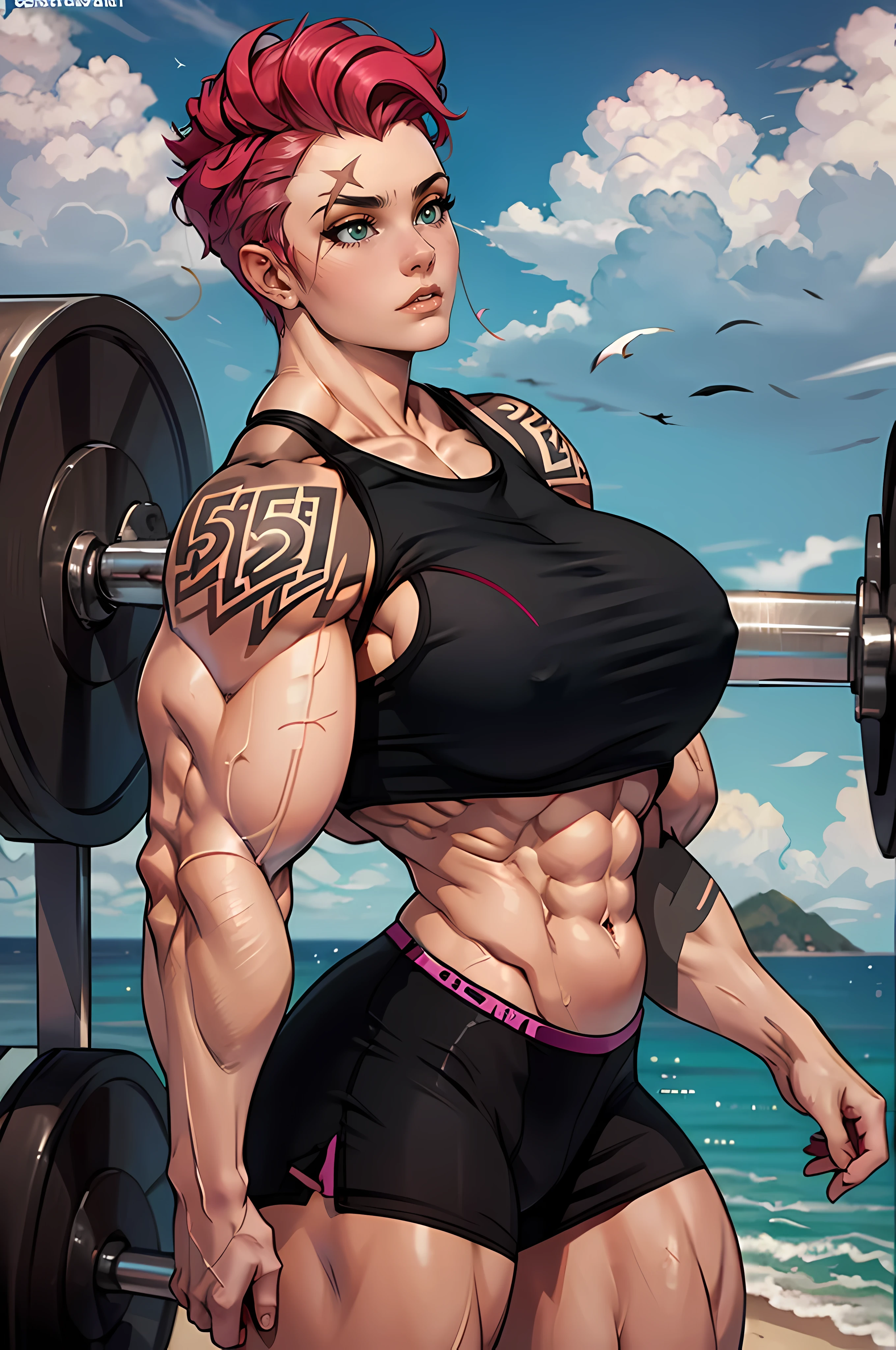 Solo, Alone, 1girl, Garota musculosa, CABELO VERMELHO, cabelo curto, Slim waist, Muscular Quadriceps, Massive Female Bodybuilder, Huge breasts, Yoga shorts, top