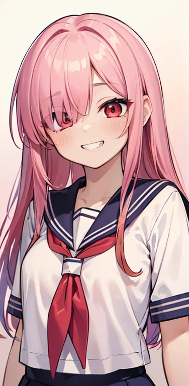 (8K、highest quality、masterpiece:1.2)、Super detailed、super resolution、Realistic、1girl、(light pink　red gradient hair：1.5)、((hair over one eye:1.5,RED eyes:1.2))、(face focus:1.3,upper body),(gradient hair:1.5),(sailor uniform:1.3)、(grin:1.3),cute face,small breasts,school girl,
