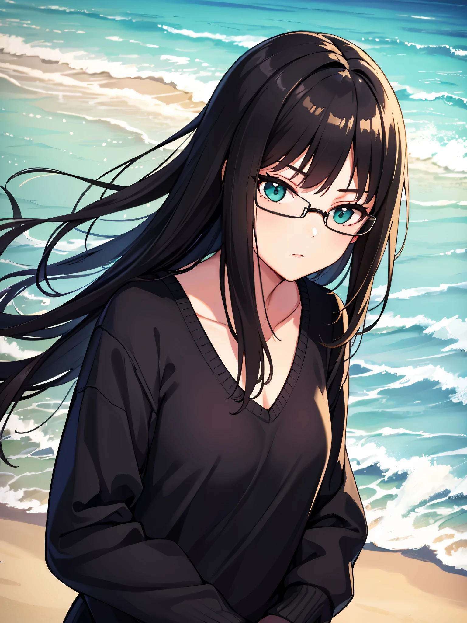 1 girl, mature woman, green eyes、black long hair、casual clothes、blue sweater、long pants、embarrassed look、blushing、wearing glasses、bow, highest quality, hire, detailed face, along the coast、pose on the beach、 detailed background, Depth of written boundary, Bokeh