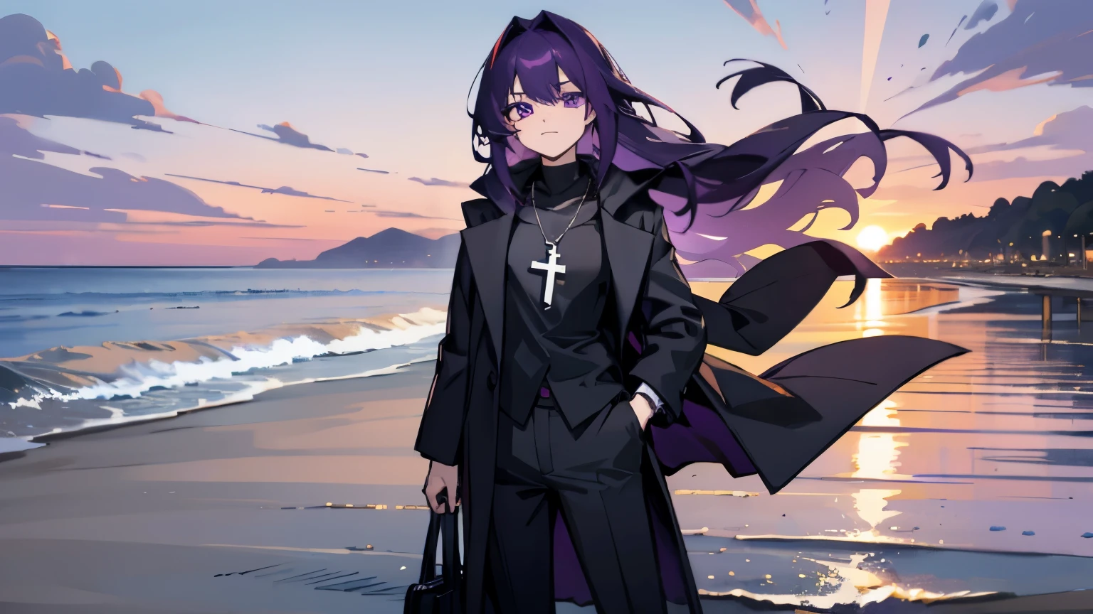 purple eyes,long purple hair,8k resolution,Sunset,beach,seaside,Cross necklace,black coat,black pants,black shoes