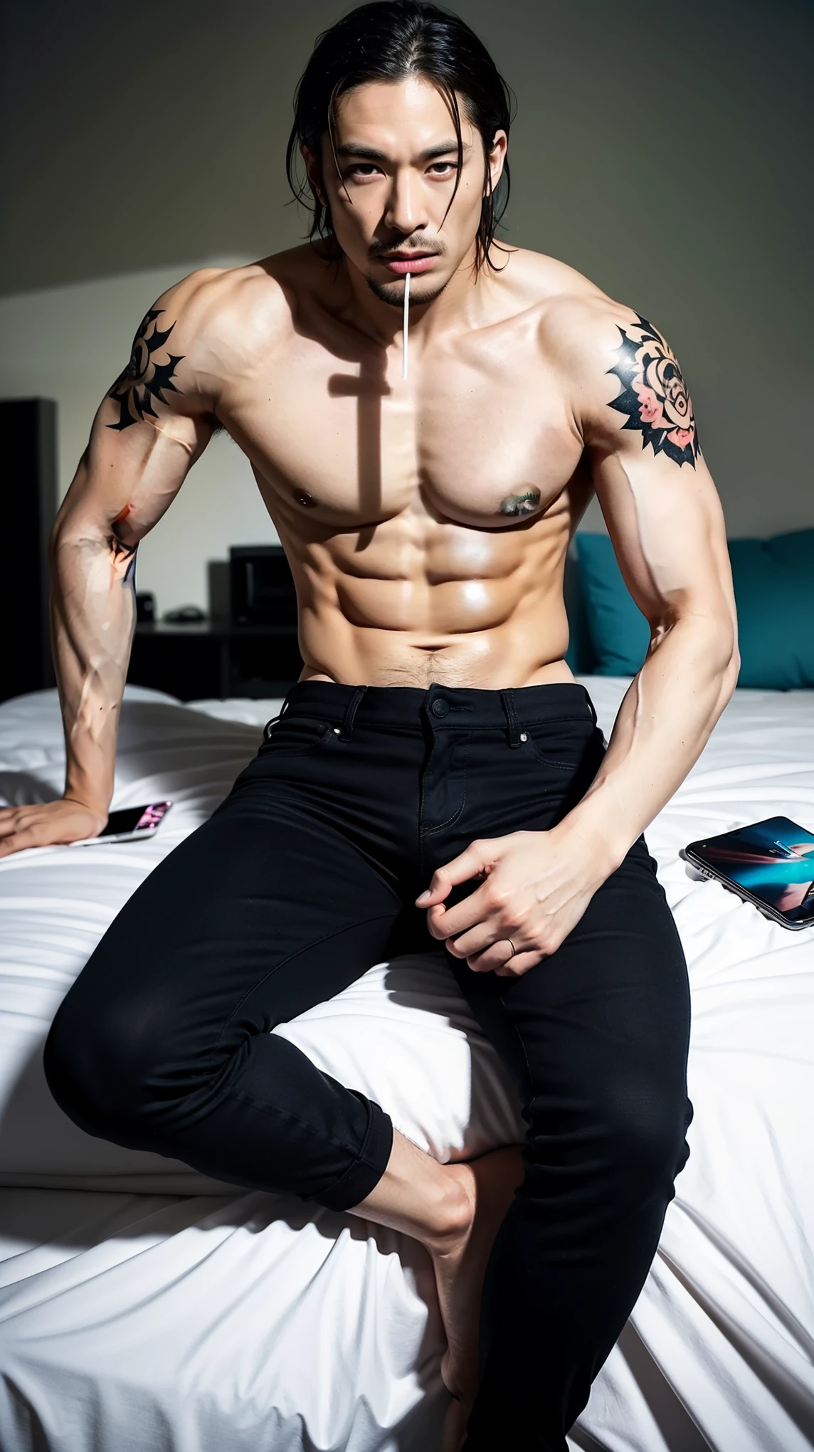 Male orcs,masterpiece,best quality,tiger orc,Some scars,No clothes on the upper body,Black pants worn on the lower body,cyan tattoo,Stretching from his right pectoral muscle to his right hand,muscular man,strong,Sitting on bed looking at mobile phone,Holding this thin cigarette in his mouth,Warmth,Gentle light and shadow