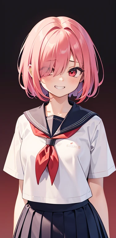 (8K、highest quality、masterpiece:1.2)、Super detailed、super resolution、Realistic、1girl、(light pink　red gradient hair：1.5)、((hair over one eye:1.5,RED eyes:1.2))、(face focus:1.3,upper body),(gradient hair:1.5),(sailor uniform:1.3)、(grin:1.3),cute face,small breasts,school girl,
