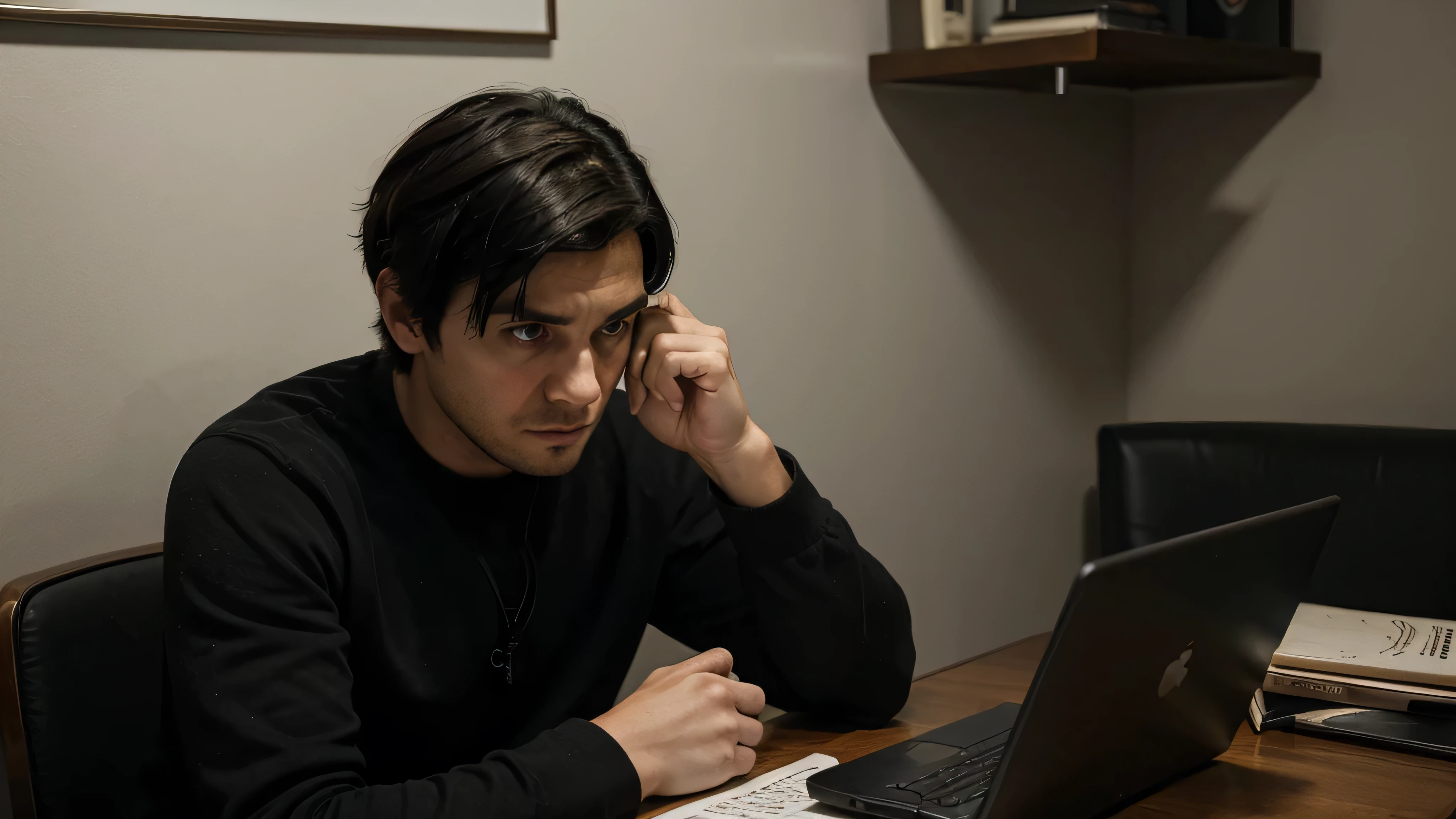 imagem de um homem de 28 anos, cabelo preto curto, scared and sad expression, sitting at the table writing on laptop, fotografia de filme de terror
