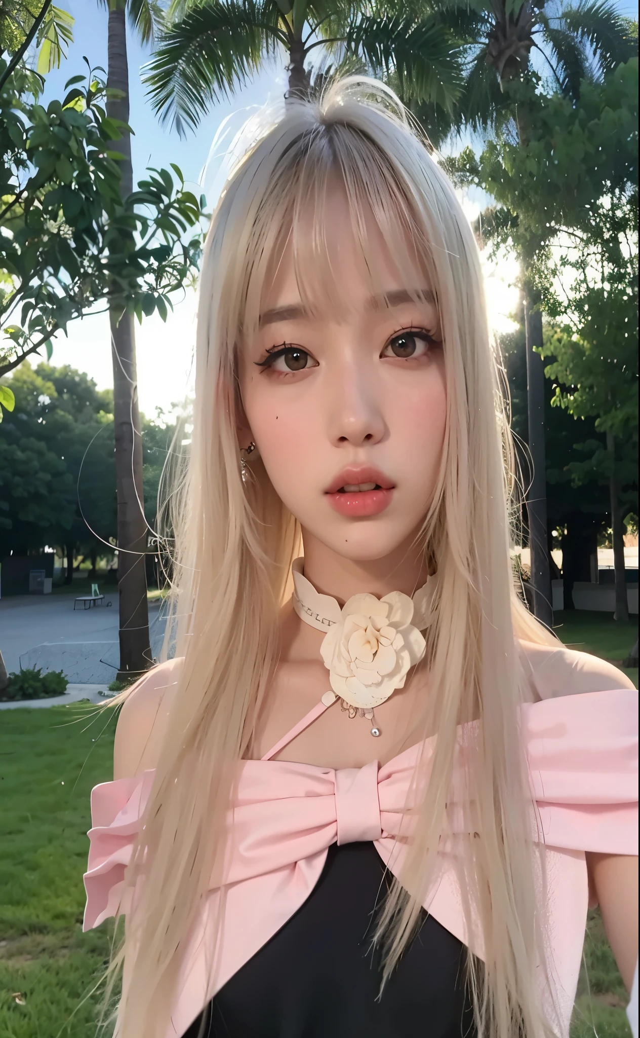 un primer plano de una mujer con cabello largo y rubio que llevaba un top rosa, Lalisa Manobal, Lalisa Manoban de Blackpink, bella delfina, peinado de corte hime blanco, chica anime en la vida real, ulzzang, parque roseanne de blackpink, con el pelo largo y blanco, el corte de hime, retrato de jossi de blackpink, pelo largo y blanco y flequillo