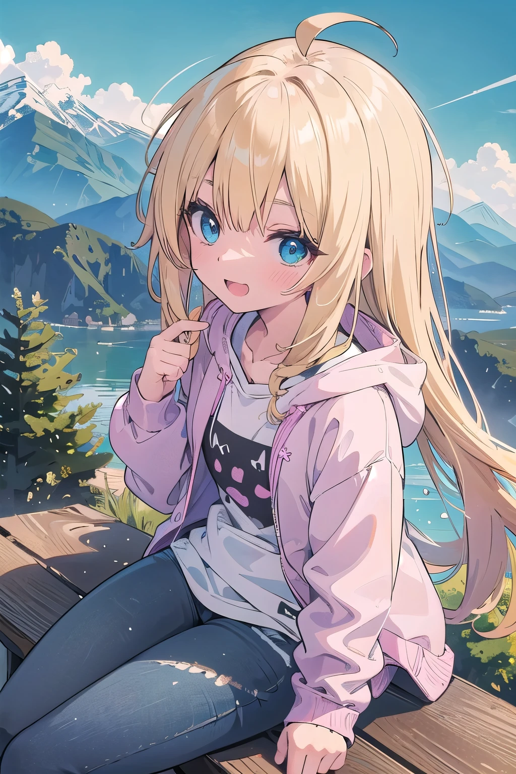 (masterpiece:1.2), (highest quality:1.2), Upper body, perfect eyes, perfect face, perfect lighting, mountainous horizon, 1 girl,blonde blue eyes Raking up hair, spike hair, noble long hair, Ahoge, cute eyes, Medium chest, , (((From above))), open mouth, vivid description,orgasm, I was scared, Ahegao, smile+Happy, tooth, anger, From the side, She is wearing pink shorts with jeans textured lace, wears hoodie in yellow modern style fashion, sitting,