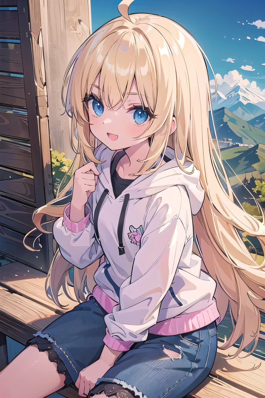 (masterpiece:1.2), (highest quality:1.2), Upper body, perfect eyes, perfect face, perfect lighting, mountainous horizon, 1 girl,blonde　blue eyes　Raking up hair, spike hair, noble long hair, Ahoge, cute eyes, Medium chest, , (((From above))), open mouth, vivid description,orgasm, I was scared, Ahegao, smile+Happy, tooth, anger, From the side, She is wearing pink shorts with jeans textured lace, wears hoodie in yellow modern style fashion, sitting, raise both hands