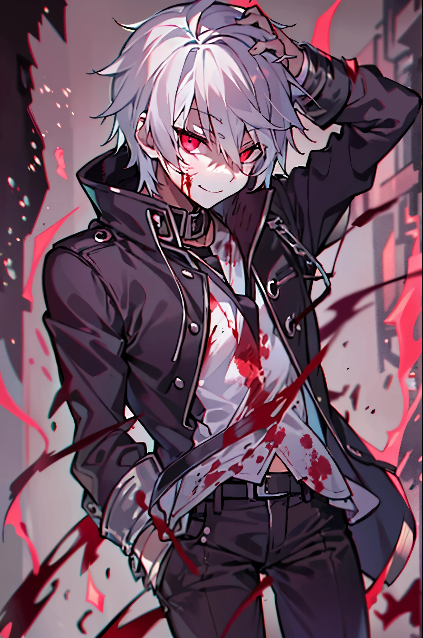 one boy、High resolution,close distance、Anime boy with white hair and red eyes, glowing red eyes,slim, dressed in black clothes,shadow body,white skin,monochrome,hair is dirty,Aggressive smile、Bloodstained、Bleeding、大量のBloodstained、