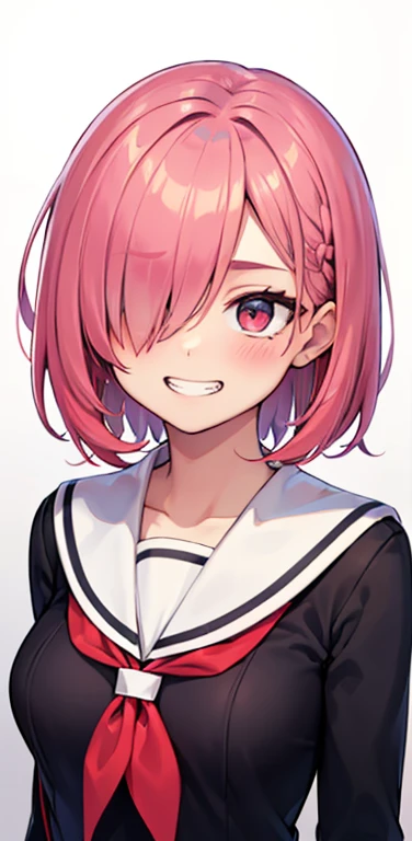 (8K、highest quality、masterpiece:1.2)、Super detailed、super resolution、Realistic、1girl、(light pink red gradient hair:1.5)、short hair、((hair over one eye:1.5)),RED eyes、(face focus:1.3,upper body),(gradient hair:1.5),(sailor uniform:1.3)、(grin:1.3),cute face,small breasts,school girl,