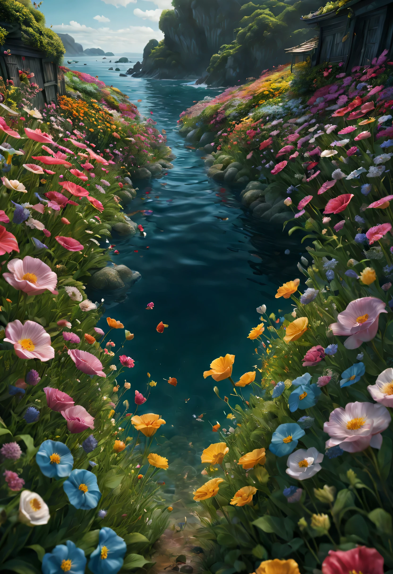 tattooedgirl, Sea of flowers around, 1 big flower symmetrical tattoo on a girl's back, (back view of girl), hyper-realistic, detailed, vibrant colors, dynamic lighting, cinematic composition, 8k resolution, atmospheric, ethereal