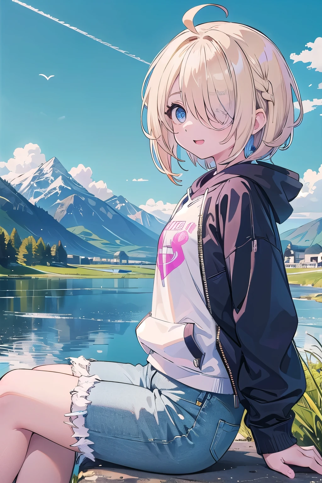 (masterpiece:1.2), (highest quality:1.2), Upper body, perfect eyes, perfect face, perfect lighting, mountainous horizon, 1 girl, blonde, blue eyes, ((((((hair over one eye,)))))), a braid, spike hair, dull bangs, bob hair, Ahoge, cute eyes, Medium chest , ((From the side)), open mouth, vivid description,orgasm, I was scared, Ahegao, smile+Happy, tooth, anger, From the side, She is wearing pink shorts with jeans textured lace, wears hoodie in yellow modern style fashion, sitting,