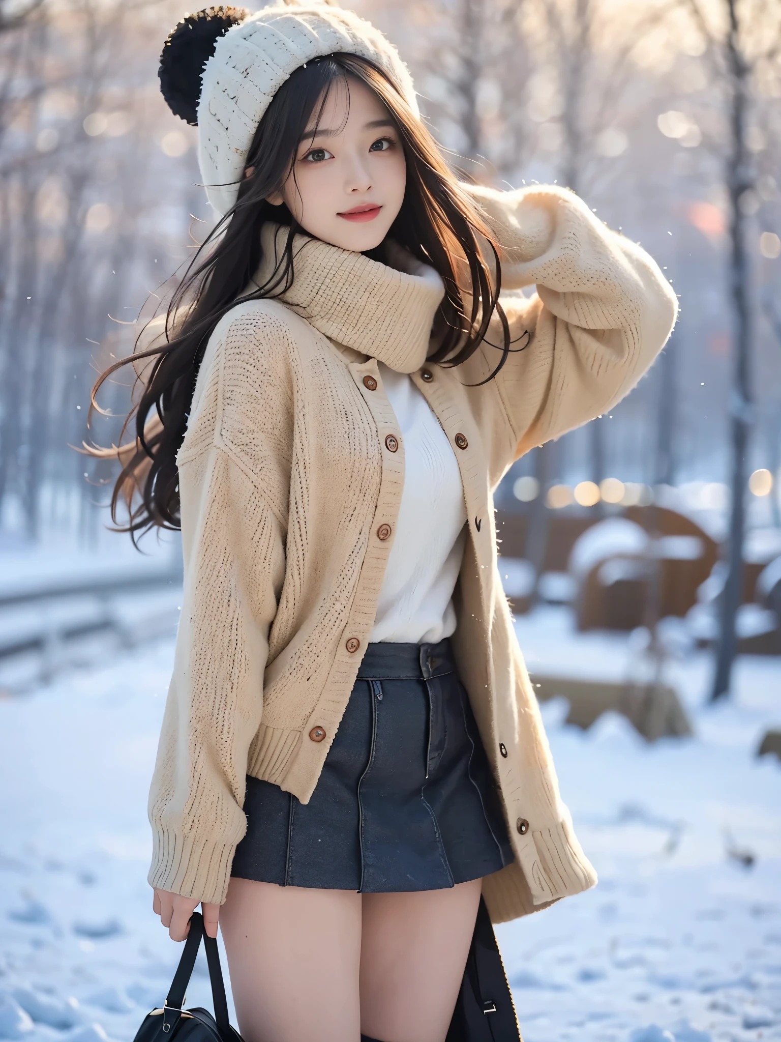 highest quality, masterpiece, photo-realistic, intricine details, RAW photo, photon rendering, octane rendering, disorganized, super detailed, detailed face, fine skin, trending on artstinion, 8k masterpiece, cineminic lighting, ( (1 girl)),((一人in)),((looking for_in_viewer)),CG social trends,visual artist,((black long hair)),((Beautiful woman)),(smile)Warm shirt, wool hat, black mini skirt,white boots, lingerie, underwear,((Winter streets))((snow)),((sexy)),hair blowing in the wind, ((flowing hair)),Happy,winter fashion