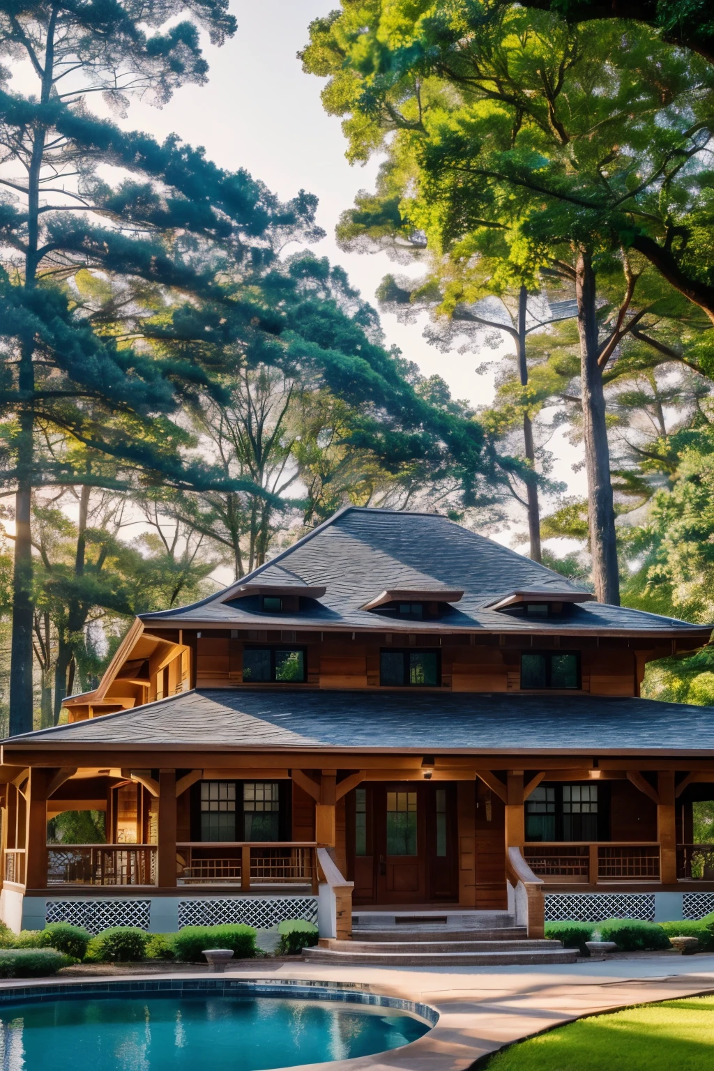 A stunning 4K photograph of a charming house nestled in the heart of a lush forest, showcasing its exquisite architecture and natural surroundings. The image captures every intricate detail of the house, from the delicate wood grains to the well-defined stone texture, as the sunlight gently bathes the scene, creating a mesmerizing play of light and shadow. The composition focuses on the house, perfectly centered in the frame, drawing the viewer's attention to its captivating beauty. The house stands tall and proud, with its magnificent roofline and intricate detailing, a true masterpiece of craftsmanship. The vibrant green foliage of the surrounding forest frames the house, adding depth and a touch of tranquility to the image. The photo captures the peaceful ambiance of the location, with a hint