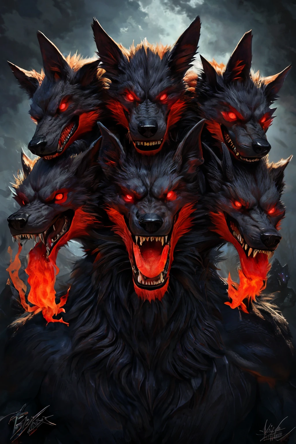I would like an ultra-high-quality 3D digital art image showcasing the awe-inspiring and majestic Cerberus, a fearsome creature from Greek mythology. This magnificent Cerberus should possess three formidable heads, each adorned with razor-sharp teeth and fiercely glowing red eyes. Each head should exude a distinct expression, with one head baring its wrath with an angry countenance, another head snarling menacingly, and the final head unleashing a mighty roar.
The Cerberus's fur should be depicted in a dark and textured manner, adding an extra layer of depth and realism to this mythical creature. Hints of fiery orange and red should be meticulously incorporated, giving the fur a fiery and ethereal quality. The attention to