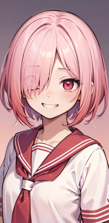 (8K、highest quality、masterpiece:1.2)、Super detailed、super resolution、Realistic、1girl、((light pink red gradient hair:1.5))、short hair、((hair over one eye:1.5)),RED eyes、(face focus:1.3,upper body),(gradient hair:1.5),(sailor uniform:1.3)、(grin:1.3),cute face,small breasts,school girl,
