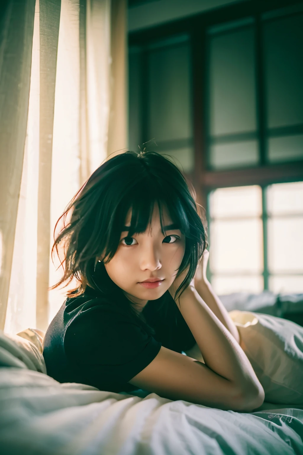 (masterpiece), (best quality), film photography, low key, dark tone, 1girl, portrait, messy hair, windy,  film grain, at the her bedroom,