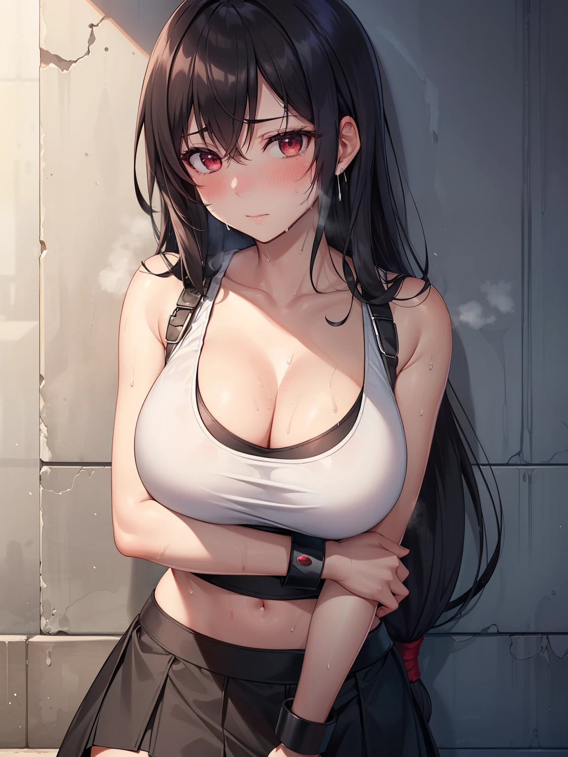 (highest quality, High resolution,  perfect pixel, written boundary depth, 4k,  beautiful anime girl), 
looking at the viewer, 
perfect body, 

tifa ff7, black long hair, red eyes, , 
large breasts, 
(white tank top), black skirt, 
(blush, sweat:1.3),  
(concrete wall, handcuffs, first round), 