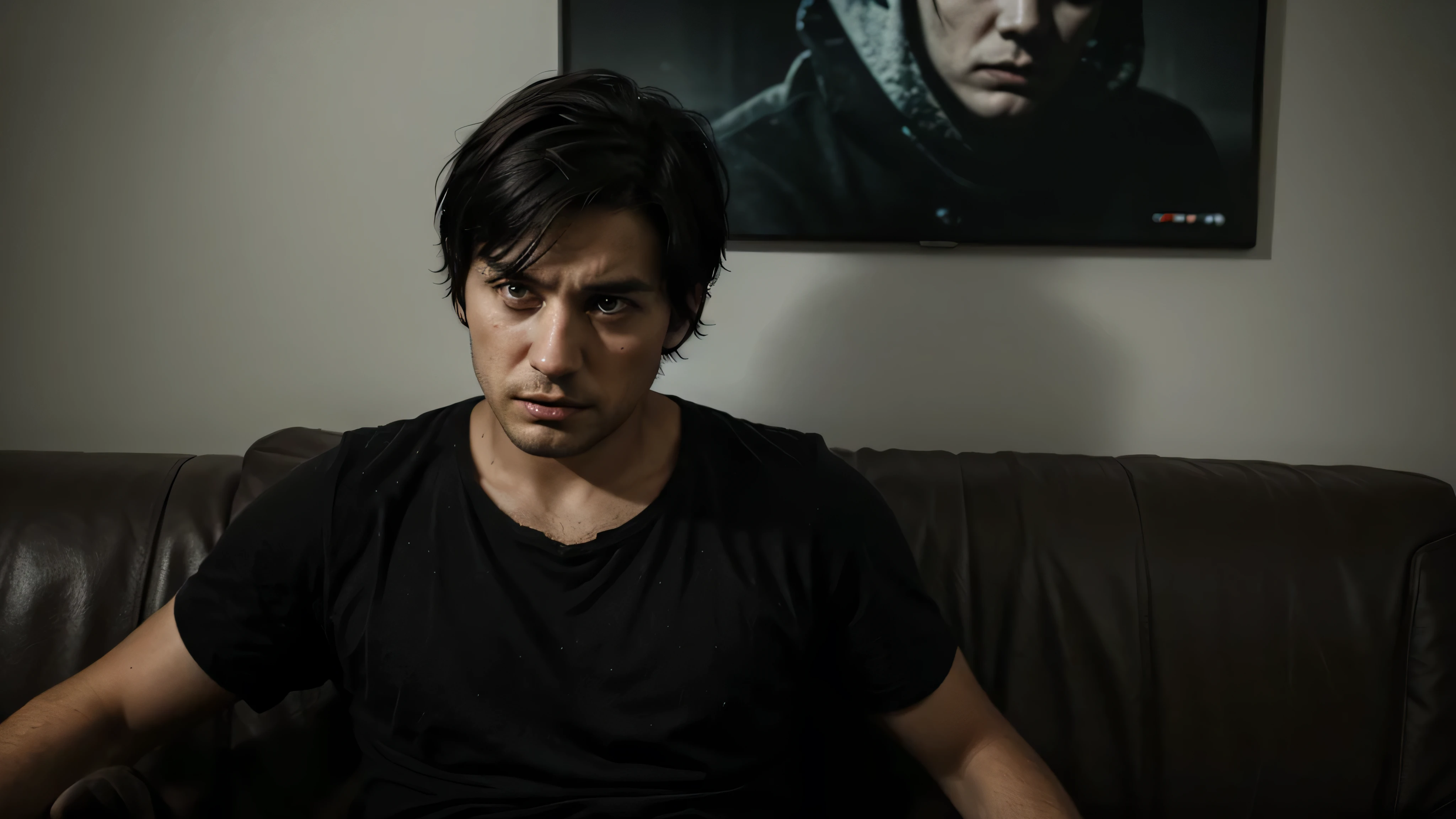 imagem de um homem de 28 anos, cabelo preto curto, scared and sad expression, sitting not sofa, fotografia de filme de terror