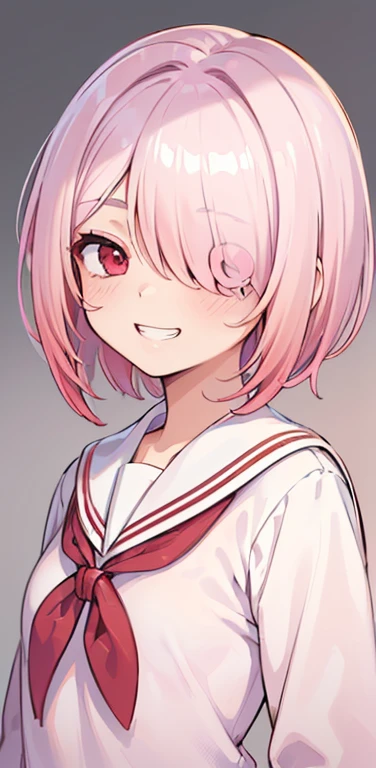 (8K、highest quality、masterpiece:1.2)、Super detailed、super resolution、Realistic、1girl、((light pink white gradient hair:1.5))、short hair、((hair over one eye:1.5)),RED eyes、(face focus:1.3,upper body),(gradient hair:1.5),(sailor uniform:1.3)、(grin:1.3),cute face,small breasts,school girl,