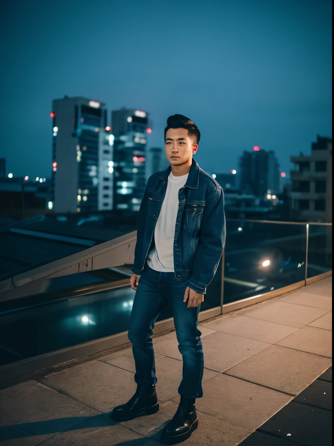 realistic portrait of an asian man from Indonesia with slick back hair wearing a denim jacket and boots standing from the top of a building carrying a DSLR camera, nighttime atmosphere full of stars and moonlight, bird's eye camera